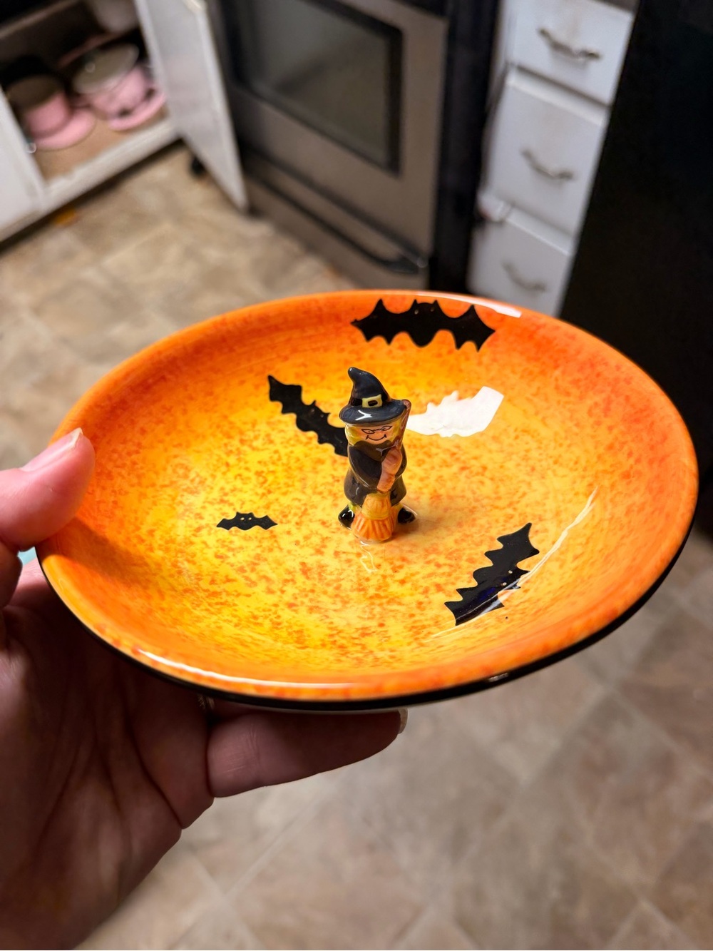 Vintage Halloween witch candy dish with bats